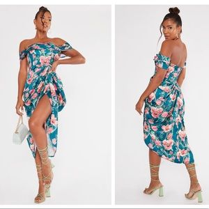 PrettyLittleThing | Dresses | Emerald Green Floral Print Satin Draped  Bardot Midi Dress | Poshmark